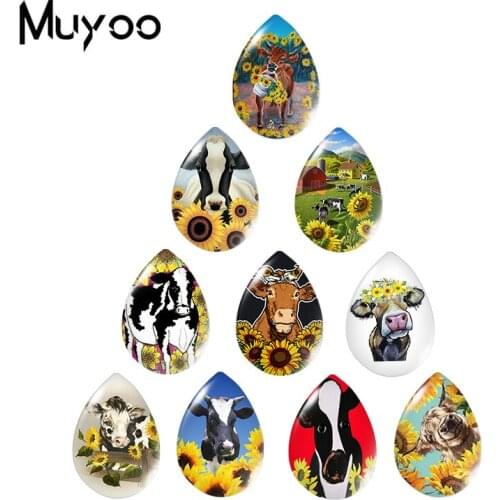 2020 New Sunflowers and Cows Tear Drop Glass Cabochon Art Printed Photo Jewelry Handcraft DIY Accessories