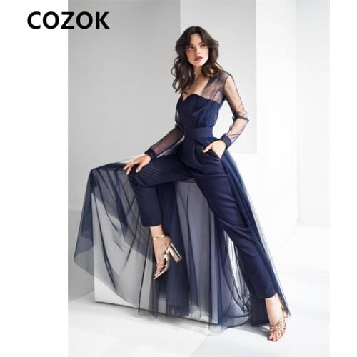 2021 Dark Blue Jumpsuit Pants Evening Dresses Prom Gowns Formal Event Suit Boho vestido de Long Sleeve Evening Party Dress