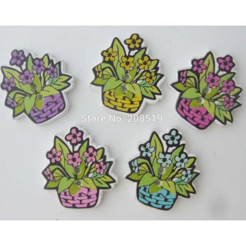 WBNAGA 27mm*25mm Potted flower printed wooden buttons mix colors 150pcs DIY Craft accessories