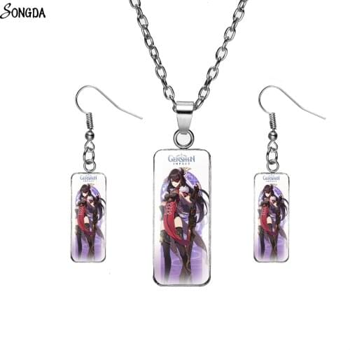 Japan Anime Genshin Impact Jewelry Sets Zhongli Diluc Cosplay Figures Glass Base Rectangle Earrings Necklace Set Jewelry Gifts