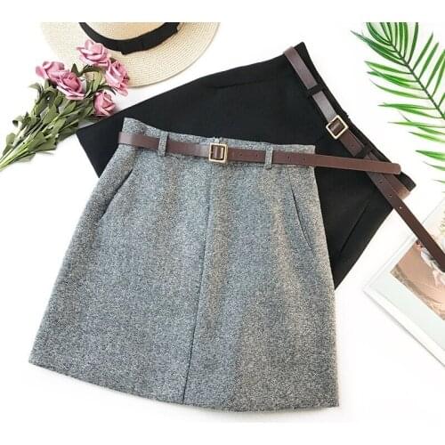 2020 Spring New Arrival Vintage Temperament High Waist A-line Office Skirts Womens With Belt Woolen Mini Skirt