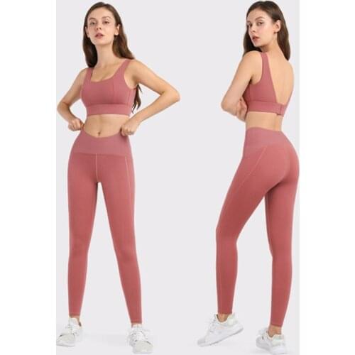 UA_ROCK Women Yoga Sets Adjustable Back Buckle Sexy Big V Back Sports Bra Vest + Middle Waist Legging 2 Pcs Running Training Set