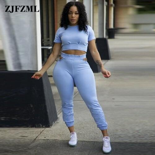 Go Out Wear Two Piece Pant Suit Women High Street Short Sleeve Slim Fit Crop Top and Elastic Waist Side Cut Out Trouser 2021