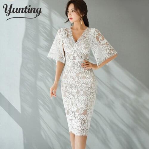 Sexy V-neck Hollow Out Pencil Dress Women 2020 Summer Sheath Bodycon Lace Dresses Wear To Work Evening Party Vestido