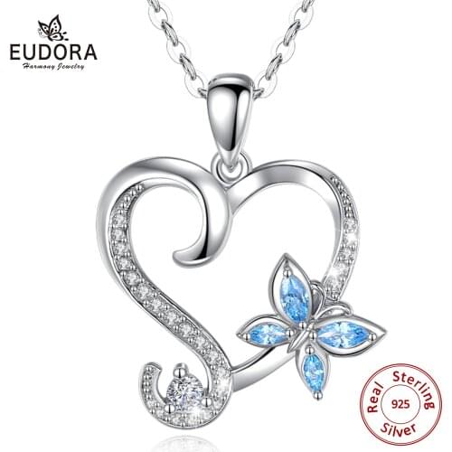 EUDORA 925 Sterling Silver Flying butterfly blue Crystal Pendant Necklace with Heart style Jewelry for Women Party Gift CYD587