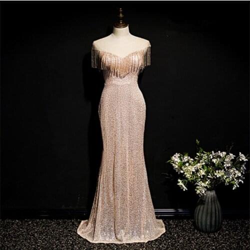 Vestido De Festa Scoo Neck Mermaid Evening Dress Robe De Soiree 2021Beading Champagne Gold Evening Dresses Long Formal Dress