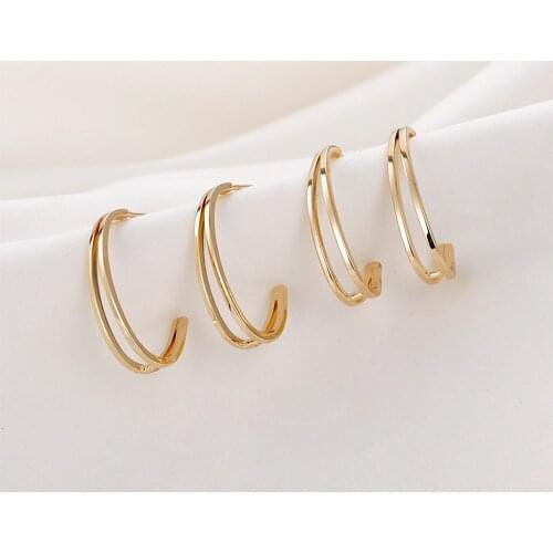 4PCS Double-layer C-shape Stud Silver Needle Diy Earrings Charms for Jewelry Making 14k Gold Plated Hand Made Copper Accessories