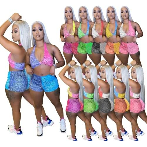 Bandana Print Women 2 Piece Set Halter V Neck Crop Top Skinny Biker Shorts Swimsuit Night Club Outdoor Wear Beach Swimming Sets