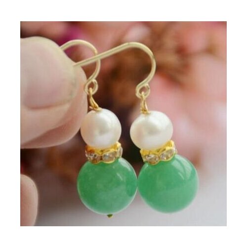 Free shipiing 12mm green jade a pair of natural 5-6mm Freshwater pearl earring 14k/20 gold