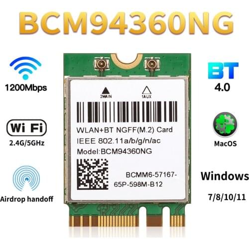 Wireless BCM94360NG MacOS Hackintosh 1200Mbps NGFF M.2 Wifi Card Bluetooth 4.0 Adapter 802.11ac 2.4G/5Ghz Than BCM94352Z DW1560