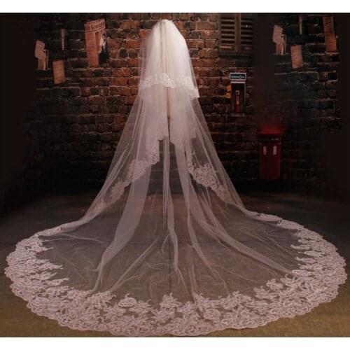 Two Layers 3M Long Wedding Veils Appliqued Lace Customized White Ivory Champagne Bridal Wedding Veil with Comb