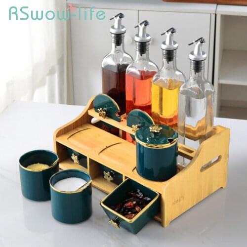 Light Luxury Emerald Ceramic Jars Kitchen Spice Box Set Household Oil Bottle Vinegar Combination Seasoning Jar + Rack Candy Jar