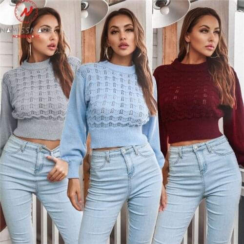 Fashion Women Solid Color Sweaters Hollow Out Design See Through O-Neck Long Lantern Sleeve Spring Autumn Slim Short Knitted Top
