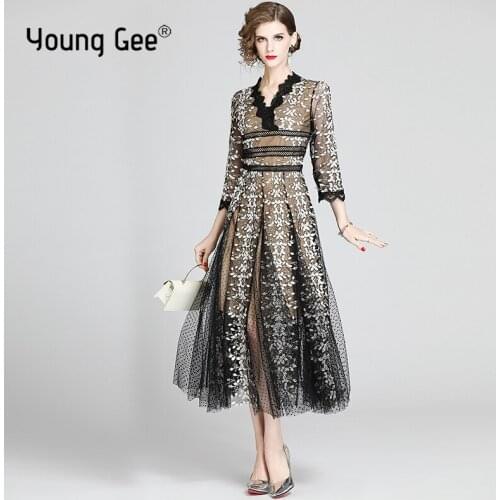Young Gee Black Mesh Embroidered Party Dress Women Spring Autumn Elegant Fitted Flare High Waist Floral Long Dresses vestidos