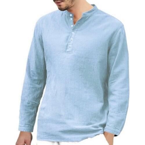 Mens Shirt Cotton Linen Solid Color Stand Collar Long Sleeve Shirt Smart Casual Male Blouse Plus Size S/M/L/XL/XXL