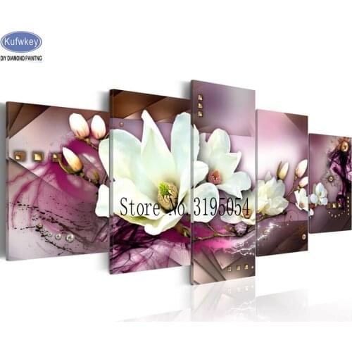 5 pcs set,DIY 5D Diamond Embroidery Magnolia flower painting of resin diamond,Needlework,Full Square Diamond Painting Home Decor