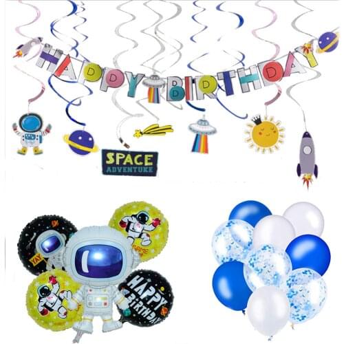Outerspace birthday party decoration space ship planet Rocket astronaut spiral pendants banner ballons decoration