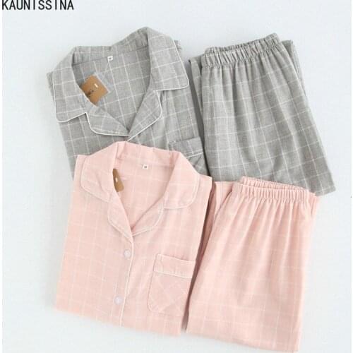 New Autumn Sleepwear Sets Womens Pajamas Long Sleeve Cotton Gauze Plaid Couples Pajama Set Men Winter Nightwear Couple Pajamas