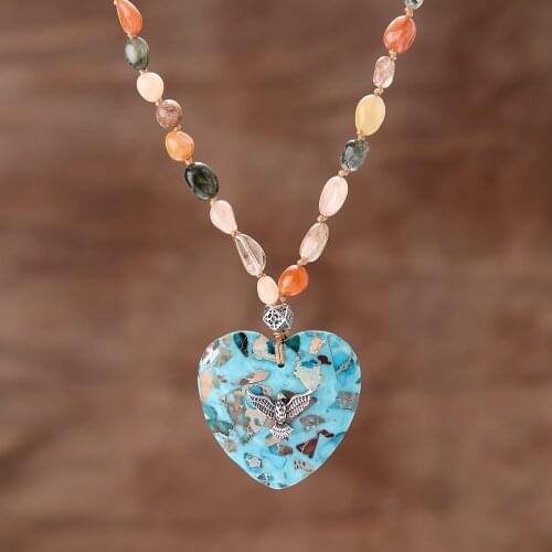 Peaceful Pigeon Charm Imperial Heart Pendant Necklace Yellow Green Natural Stones Long Beaded