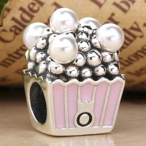 Original Pink Enamel Delicious Popcorn Pearls With Crystal Beads Fit 925 Sterling Silver Bead Charm Bracelet Diy Jewelry