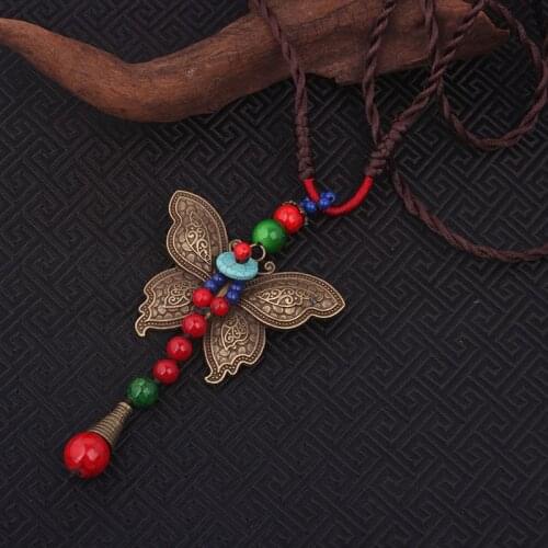New fashion ethnic necklace, butterfly long sweater necklace jewelry, handmade braided stones vintage necklace