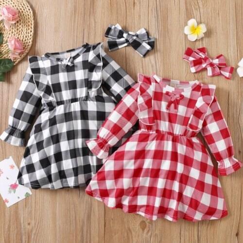 Girls Plaid Print Clothes Set, Long Sleeve O-neck Midi Dress with Ruffles+Bow-knot Headband Spring Autumn