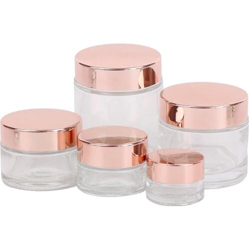 Clear Frosted Glass Cream Jar Cosmetic Container 5-100g Cosmetic Jars Rose Gold Lid Glass Bottle Cream Container Empty Jars