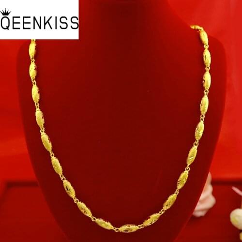 QEENKISS NC530 Fine Jewelry Wholesale Fashion Man Boy Birthday Wedding Gift Solid Olive Bead 6MM 60CM 24KT Gold Chain Necklace