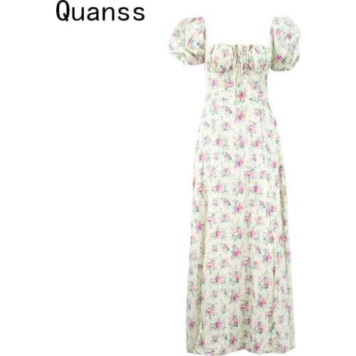 Quanss Floral Print Midi Dress Women 2021 Summer Fashion High Split Long Dress Beach Holiday Casual Elegant Party Dresses WLY18