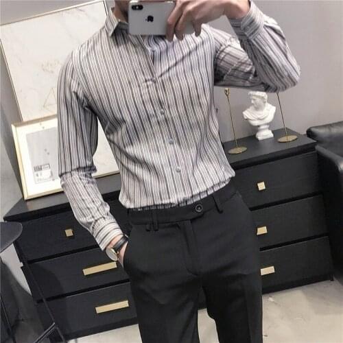 Classic Striped Mens Shirts Autumn Long Sleeve Business Casual Formal Shirt Fashion Slim Chemise Homme Social Male Clothing
