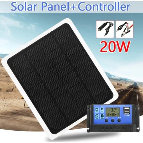 20W 12V Dual USB Solar Panel with Car Charger + 10/20/30/40/50A USB Solar Charger Controller for LED Light Outdoor Camping