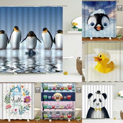 3d Cartoon Shower Curtain Penguin Cat Waterproof Fabric Bathroom Shower Curtains Cute Funny Polyester Bathtub Screen De