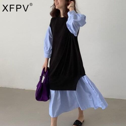 XFPV 2021 Korean Autumn New Stitching Fake Two-piece Lantern Sleeve Loose Waist Long Striped Dress Women Casual Robe SM504
