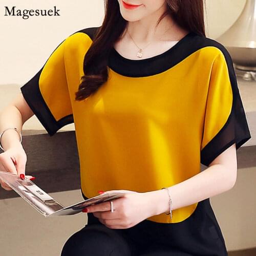 Summer Plus Size Women Blouses Fashion Slim Solid Chiffon Ladies Blouses Short Sleeve O-Neck Pullover White Shirt Women 3397 50