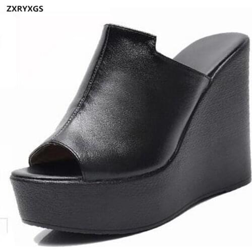 HOT 2021 New Summer Fish Mouth Sandals Women Slippers Platform Shoes Wedges Slippers Genuine Leather Super High-heeled Sandals
