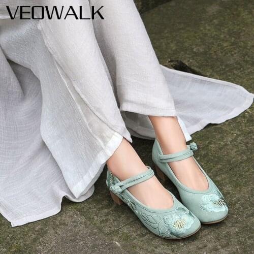 Veowalk Womens Soft Jacquard Embroidered Block Heel Pumps Elegant Ladies Casual Comfortable Chinese Style Shoes Green Grey