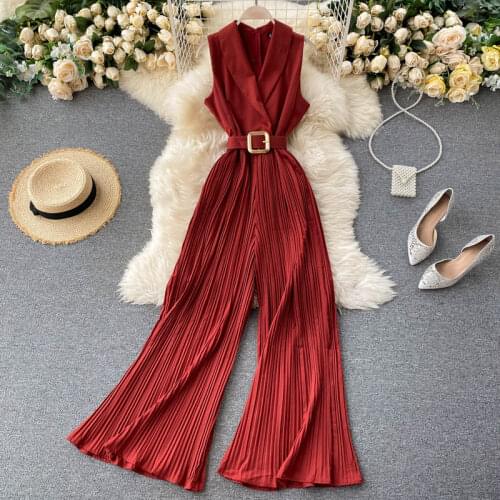 2020 New Summer Women Sleeveless Solid Loose Pleated Wide Leg Jumpsuit Fashion Ladies Elegant Bodysuit Vintage Rompers Korean