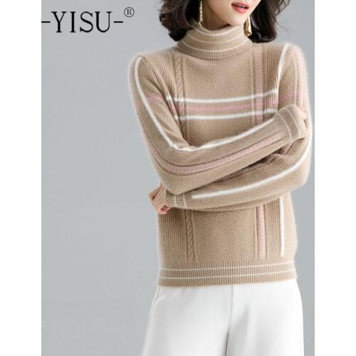 YISU Women Sweater Autumn Winter Turtleneck Warm Tops Simple Stripe Female Jumper All-match Long sleeve Knitted pullover Thick