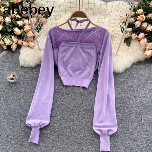Women Autumn Fashion Korean Knitted Set Long Sleeve Short Cardigan+Sexy Off Shoulder Slim Halter Tops Two Piece Suits