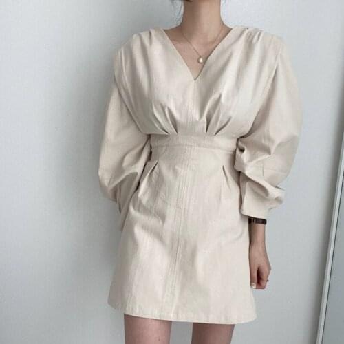 Lantern Long Sleeve High waist V-neck Spring 2021 New Korea Autumn Loose Pullovers Dress Women Solid Color Dresses 726F