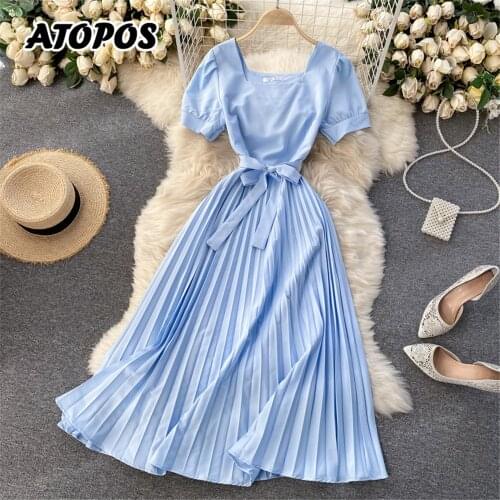 Vintage French Short Sleeve Women Dress Square Collar High Waist Belt Pleated Dresses Female Elegant Clothes Summer 2021 Atopos