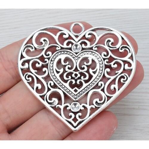 2 x Large Heart Charms Pendants Hollow Open for Necklace Jewelry Making Findings 58x55mm