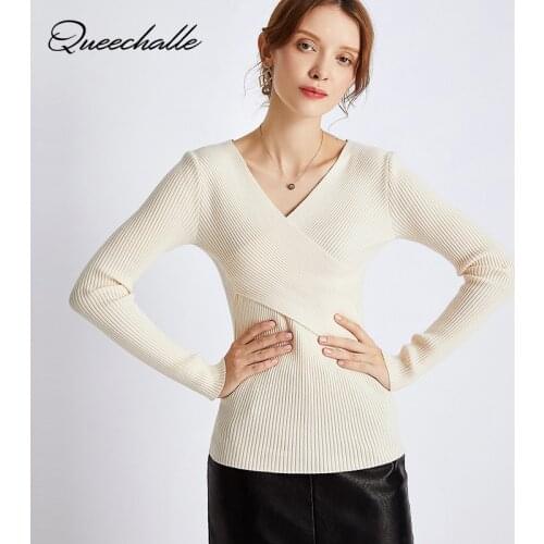 Apricot Sexy Cross V neck Knitted Sweaters Women Autumn and Winter Solid Slim Basic Sweater Female Long Sleeve Knitting Tops