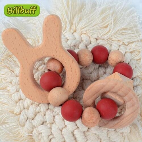 2021 DIY Beech Bracelet Teething Wood Ring Baby Rattle Toys Food Grade Silicone Teether Beads Nursing Bracelet Baby Teether Gif