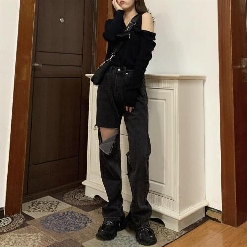 Large Size Ripped Beggar Denim Straight Leg Pants Female Black High Waist Ins Mopping Trousers Women Ripped Jeans for Women