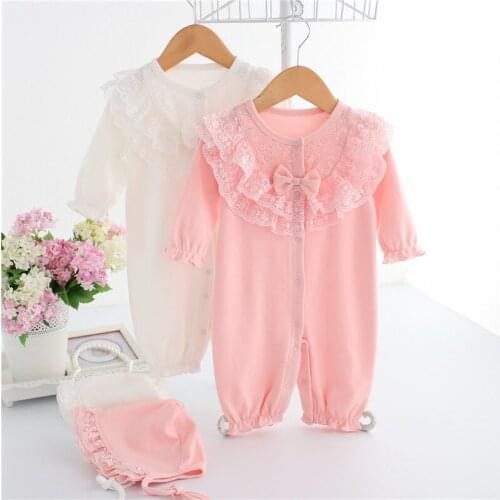 Siyubebe Newborn Baby Romper Set Princess Style Cotton Lace Long Sleeve Ropa Baby Girl Rompers Infant Girls Jumpsuit Clothes Hat