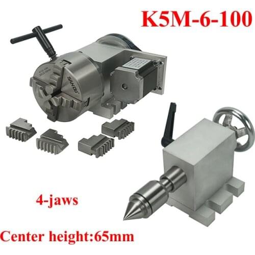 Diy cnc 4th axis 80mm 100mm rotary axis K5M-6 4-jaw chuck tailstock center height 65mm for cnc 3020 3040 6040 engraving machine