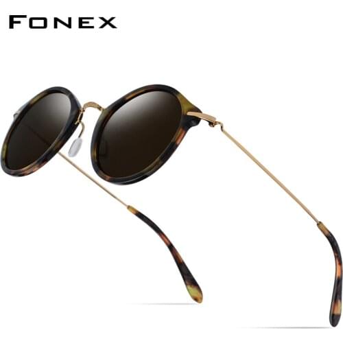 FONEX Acetate Titanium Polarized Sunglasses Women Brand Designer Retro Vintage Round Elastic Sun Glasses for Men Sunglass 852