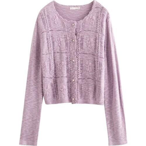 INMAN Womens Cardigan Plant Pattern Hollow out Buttons Knitting Top Long Sleeve Slim Elegant Retro Fresh Style Outerwear