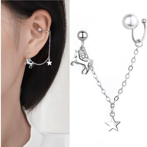 KISSLOVE 1PC Trendy Pearl Unicorn Tassel Clip Earrings for Women No Pierced Ear Cuff Chain Earrings Fashion Jewelry Party Gift